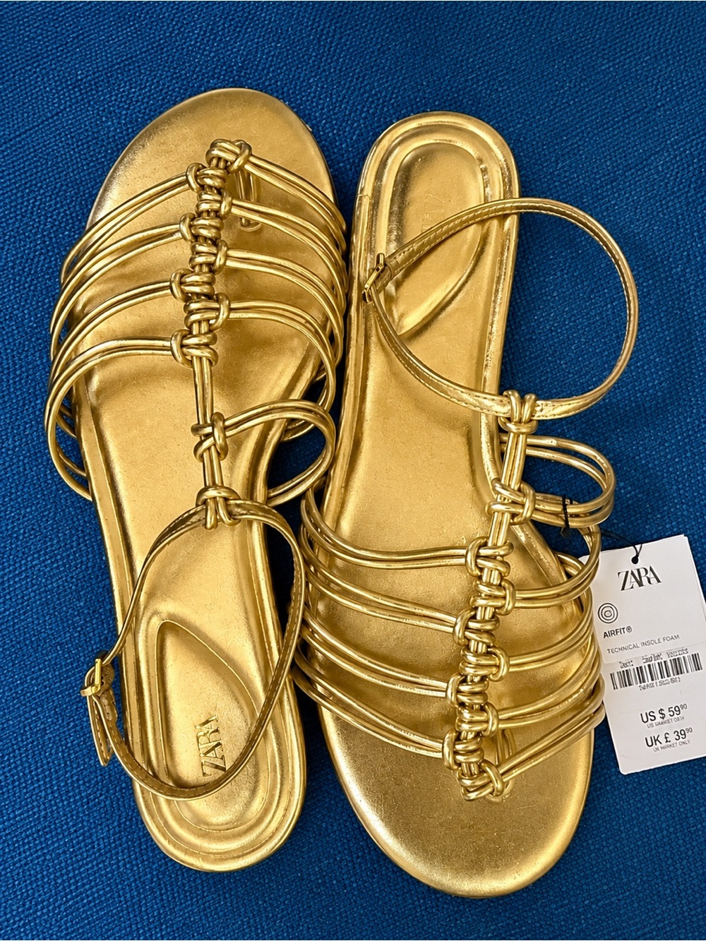 NWT Zara Gold Metallic Strappy Flat Gladiator Sandals Ankle Strap. - Picture 5 of 9